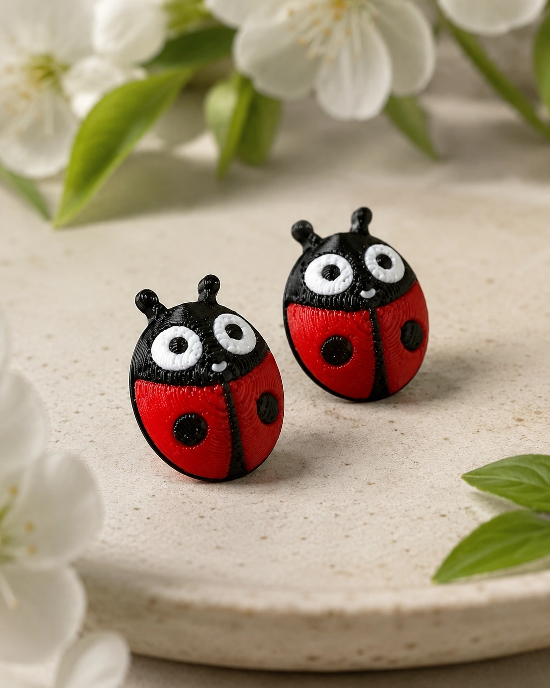 Pendientes Mariquitas Cartoon en una escena suave de jardín