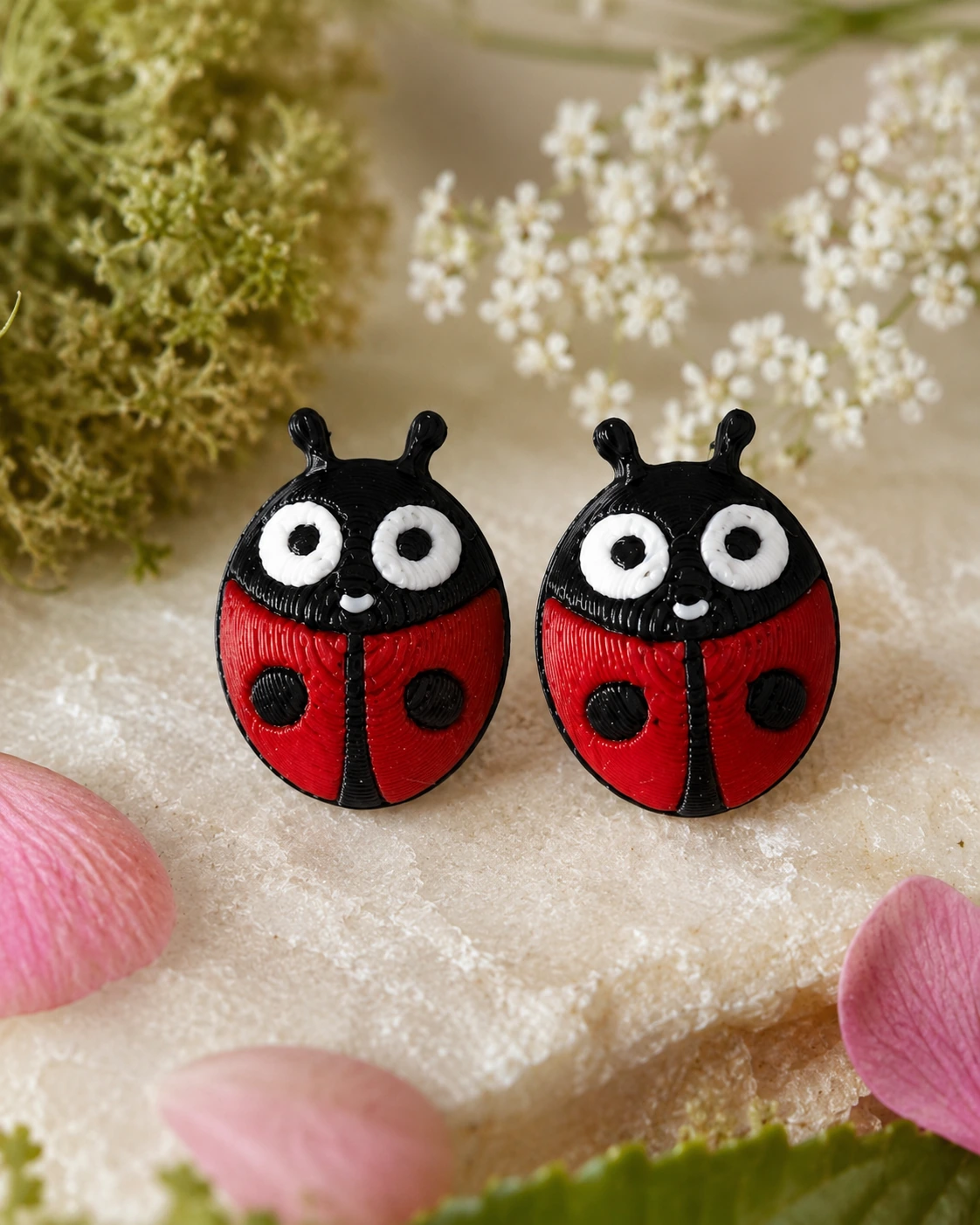 Detalle de pendientes Mariquitas Cartoon con pétalos