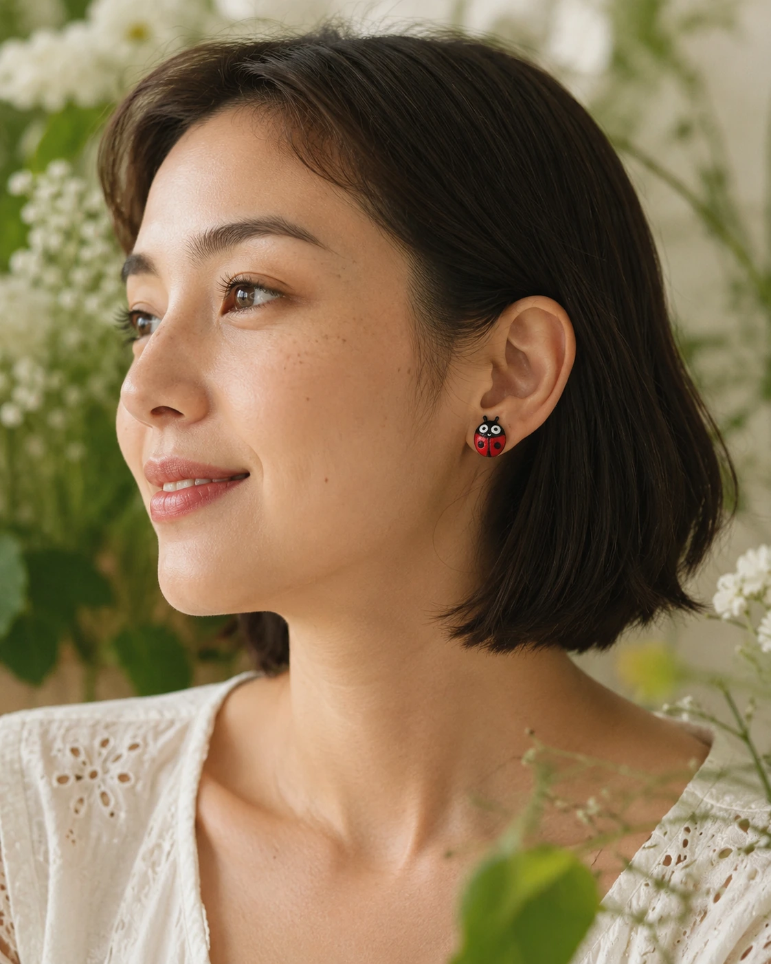 Pendientes de mariquita Garden llevados como complemento